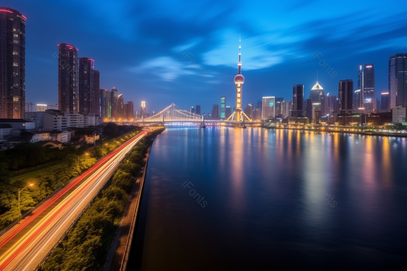 绚丽灯光全开的车水马龙的城市在江中的倒影夜景,高清,摄影图,摄影图片,图片大全,摄影图免费下载